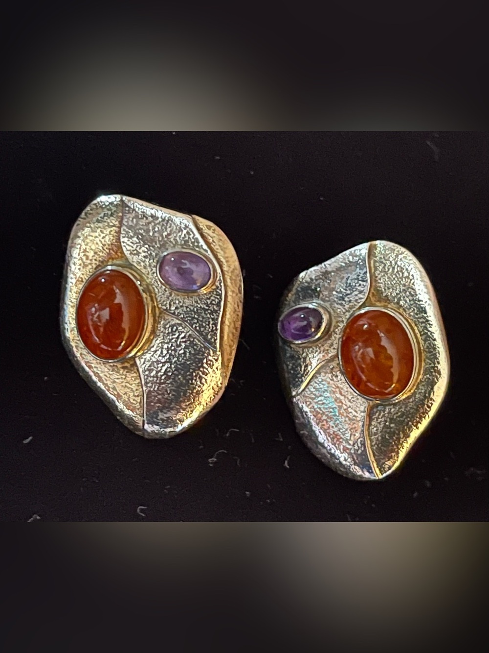 Vtg 1990s Chunky Hammered Gold Silver Vermeil Cabochon Earrings
